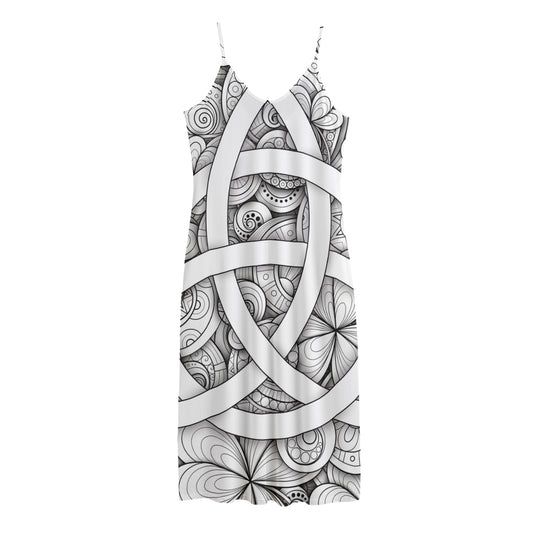 White Celtic Trinity Knot Symbol Print Jersey Midi Cami Dress