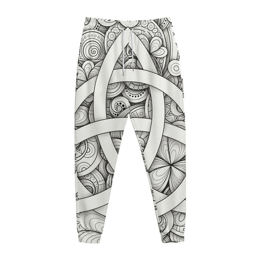 White Celtic Trinity Knot Symbol Print Jogger Pants