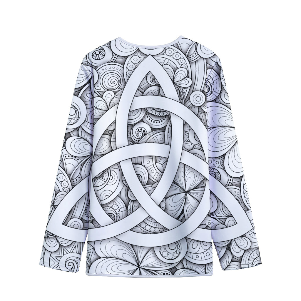 White Celtic Trinity Knot Symbol Print Long Sleeve Short Coat