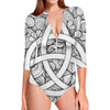 White Celtic Trinity Knot Symbol Print Long Sleeve Swimsuit