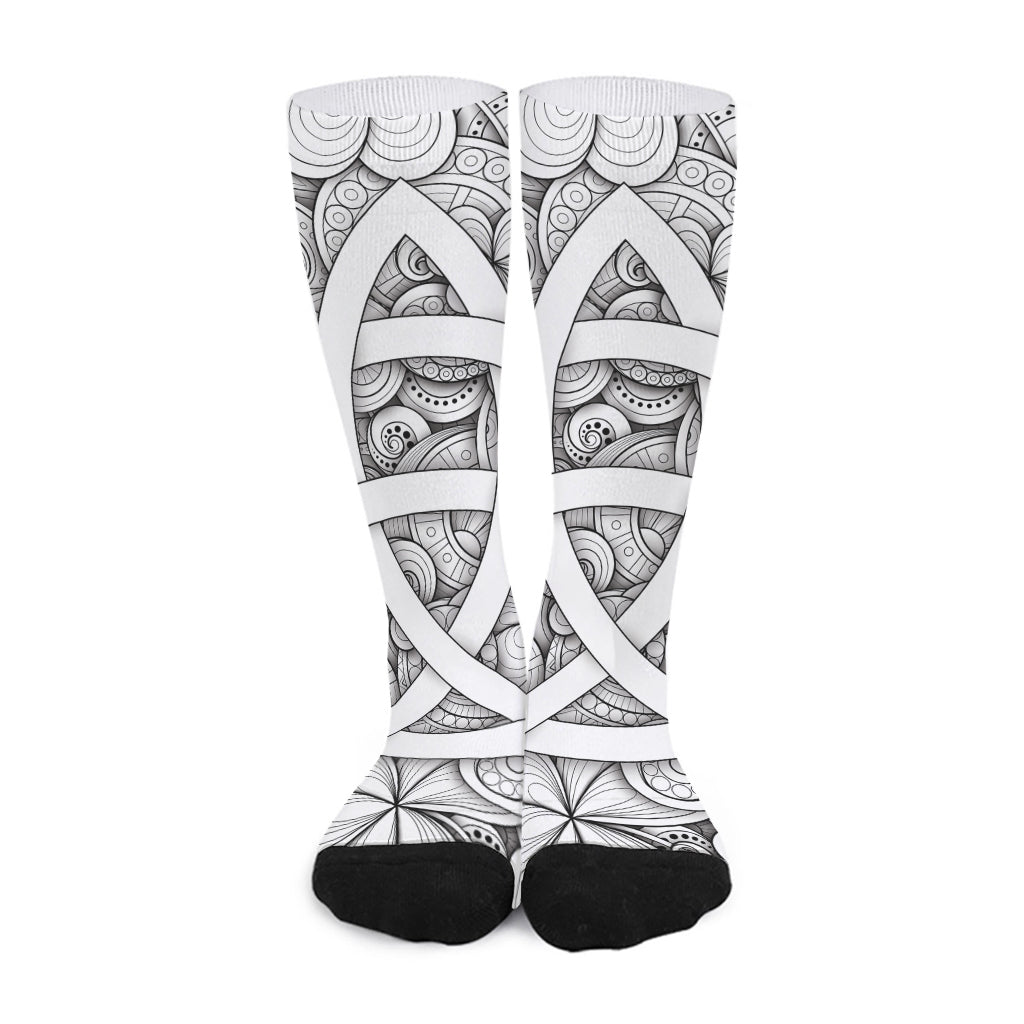 White Celtic Trinity Knot Symbol Print Long Socks