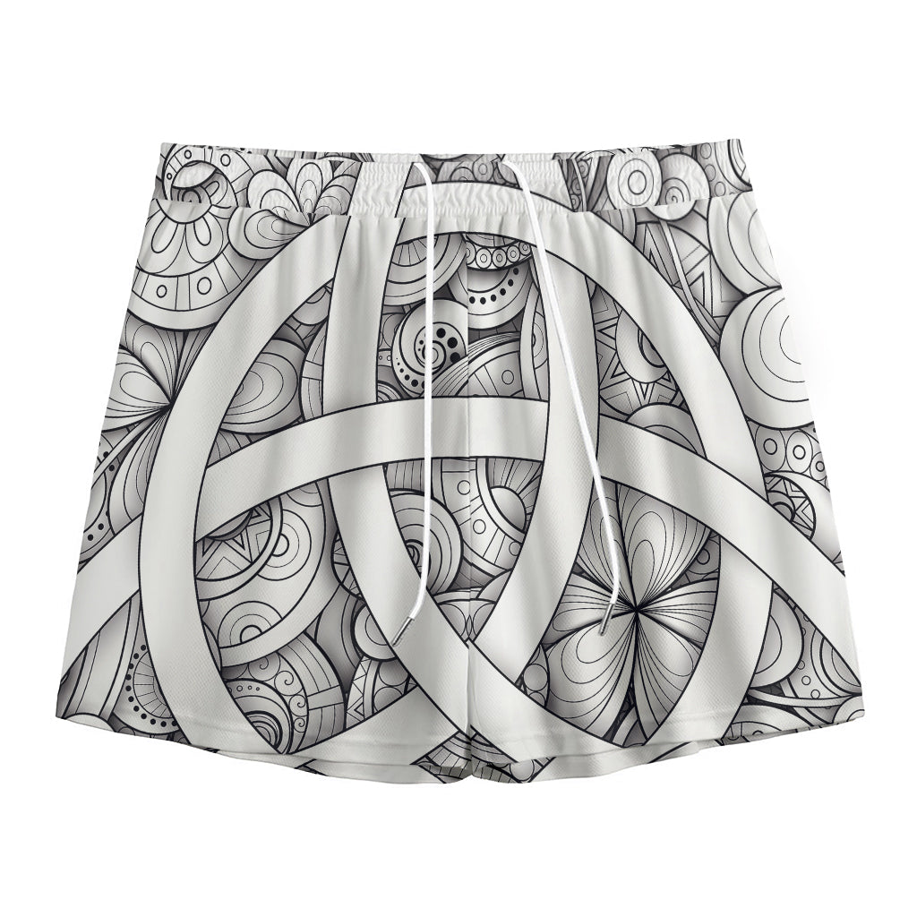 White Celtic Trinity Knot Symbol Print Mesh Shorts