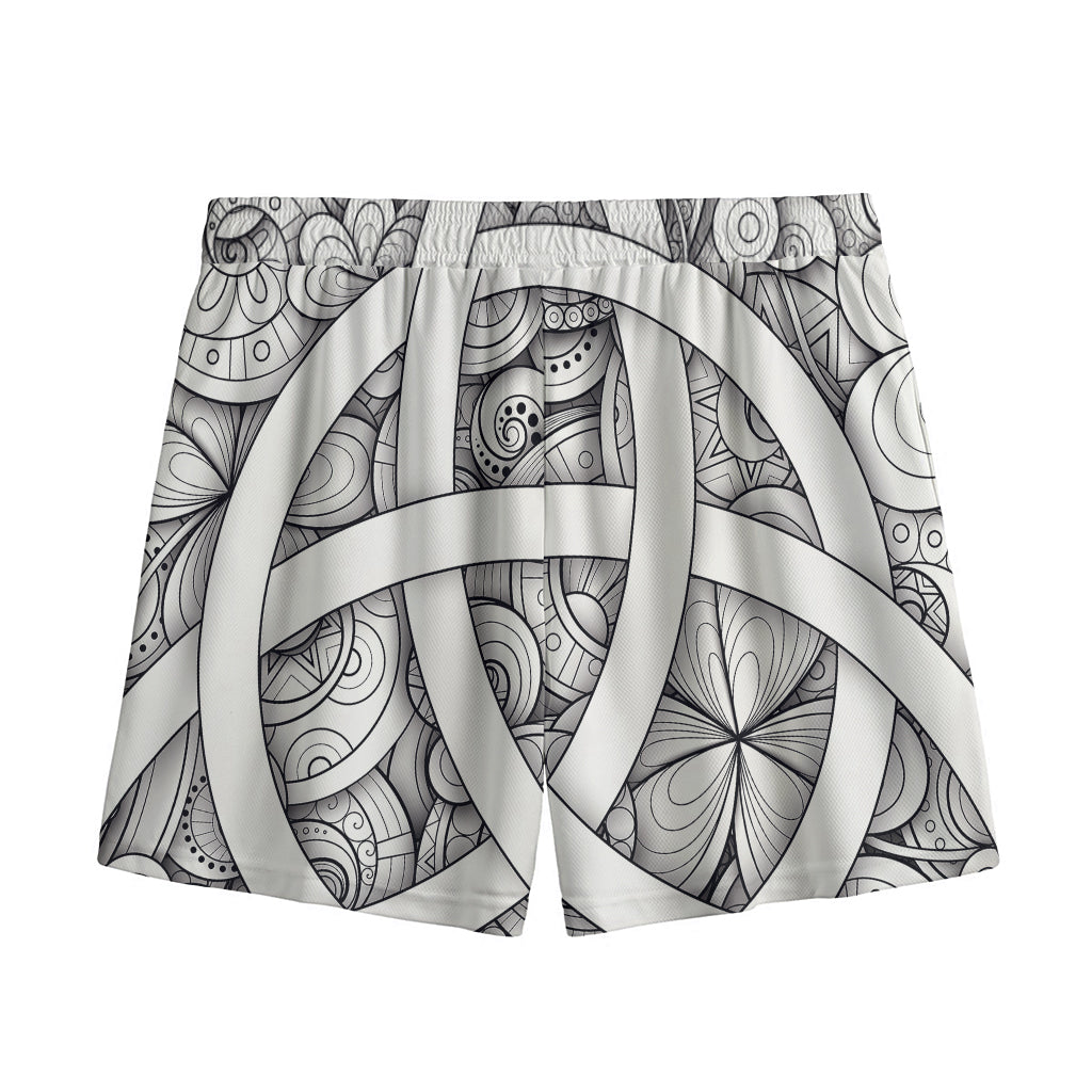 White Celtic Trinity Knot Symbol Print Mesh Shorts