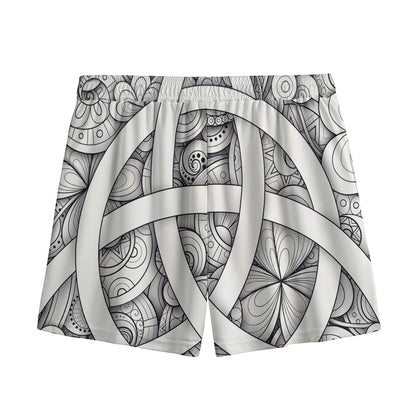 White Celtic Trinity Knot Symbol Print Mesh Shorts