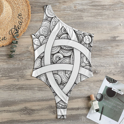 White Celtic Trinity Knot Symbol Print One Shoulder Bodysuit