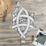White Celtic Trinity Knot Symbol Print One Shoulder Bodysuit