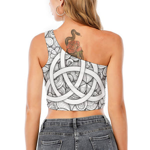 White Celtic Trinity Knot Symbol Print One Shoulder Crop Top