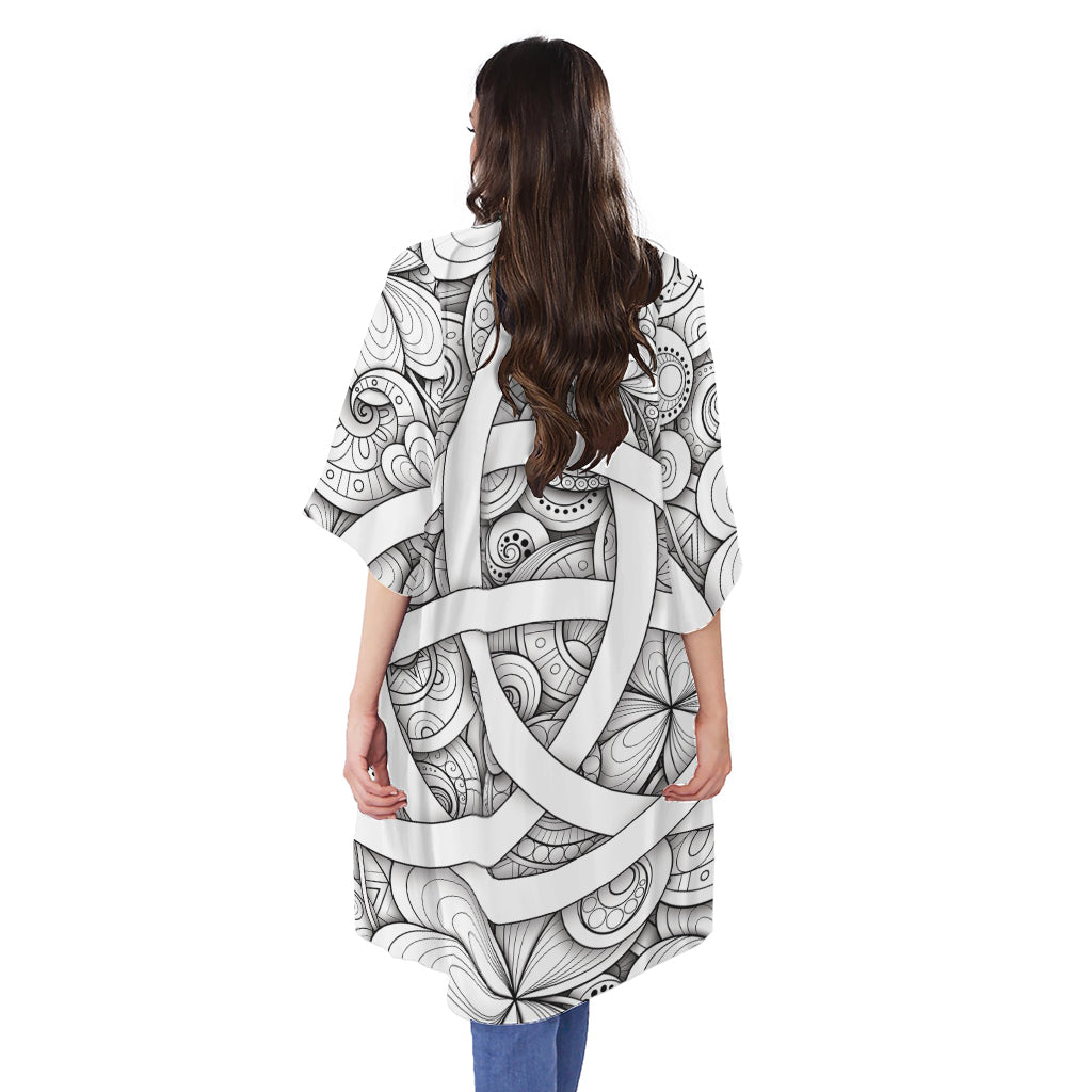 White Celtic Trinity Knot Symbol Print Open Front Beach Cover Up