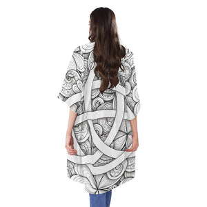 White Celtic Trinity Knot Symbol Print Open Front Beach Cover Up