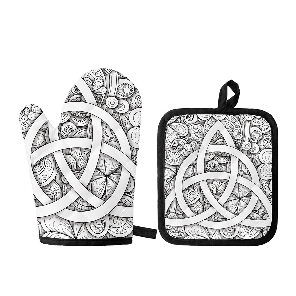 White Celtic Trinity Knot Symbol Print Oven Mitt And Pot Holder Set