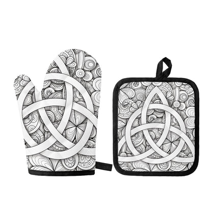 White Celtic Trinity Knot Symbol Print Oven Mitt And Pot Holder Set