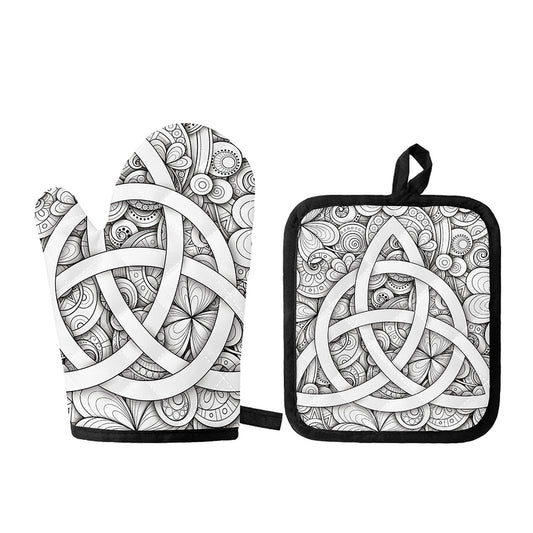 White Celtic Trinity Knot Symbol Print Oven Mitt And Pot Holder Set