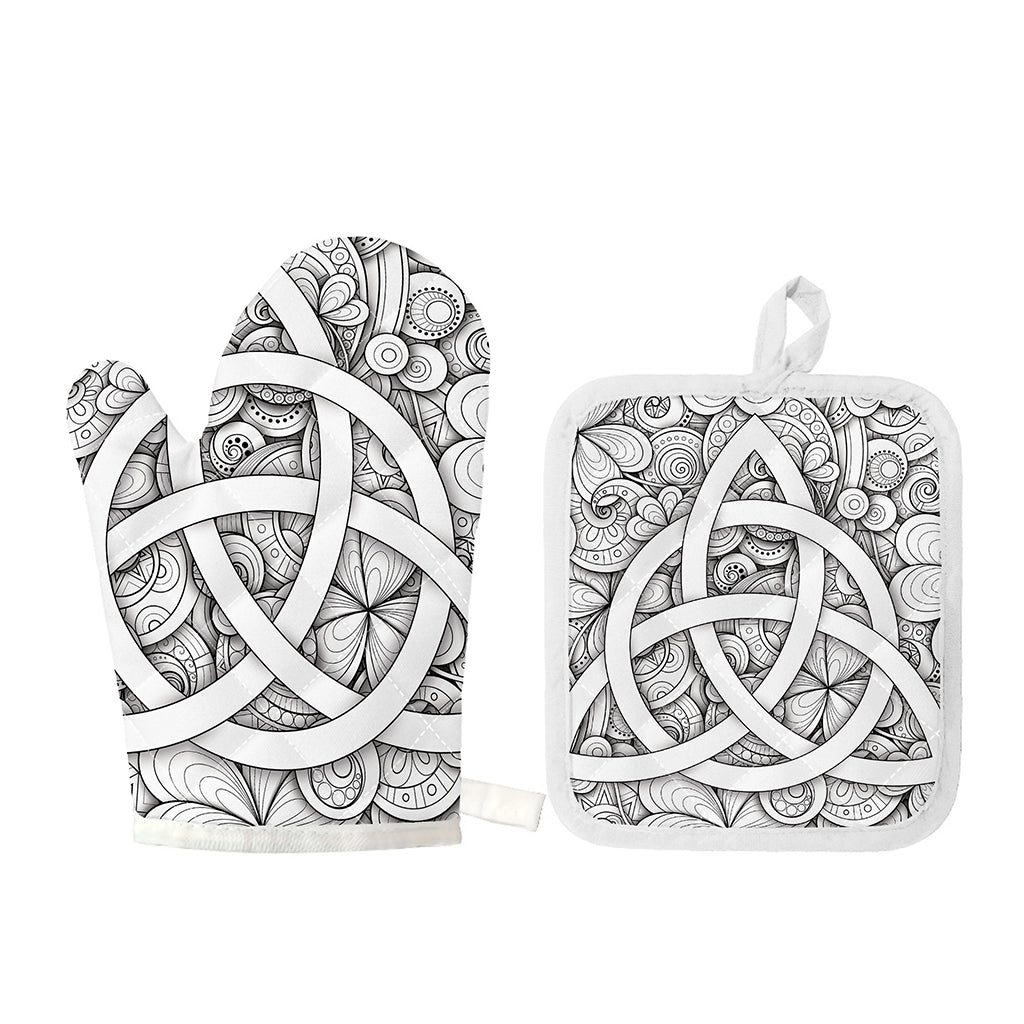 White Celtic Trinity Knot Symbol Print Oven Mitt And Pot Holder Set
