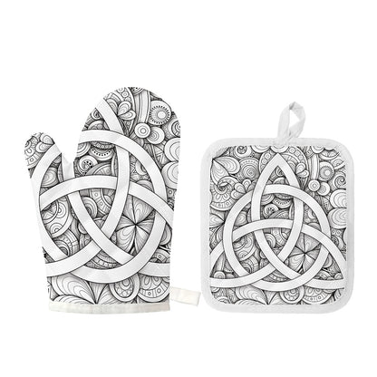 White Celtic Trinity Knot Symbol Print Oven Mitt And Pot Holder Set