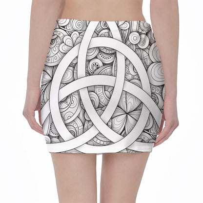 White Celtic Trinity Knot Symbol Print Pencil Mini Skirt