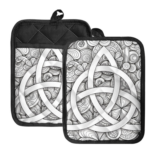 White Celtic Trinity Knot Symbol Print Pot Holders With Pocket