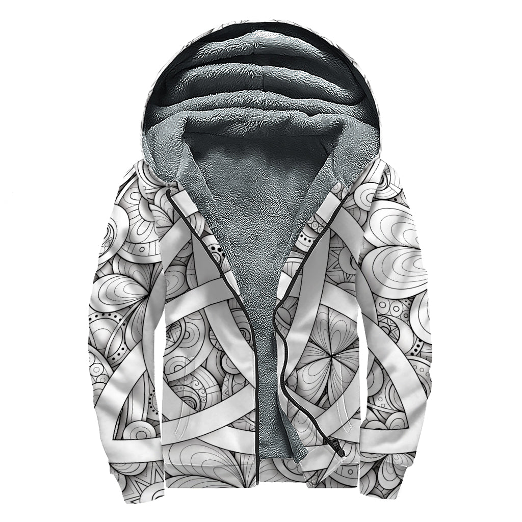 White Celtic Trinity Knot Symbol Print Sherpa Lined Zip Up Hoodie