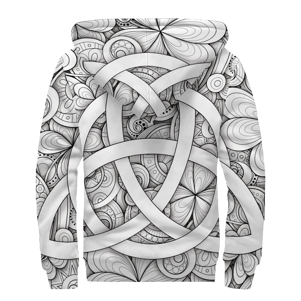 White Celtic Trinity Knot Symbol Print Sherpa Lined Zip Up Hoodie