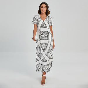 White Celtic Trinity Knot Symbol Print Short Sleeve Maxi Dress