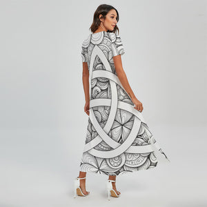 White Celtic Trinity Knot Symbol Print Short Sleeve Maxi Dress