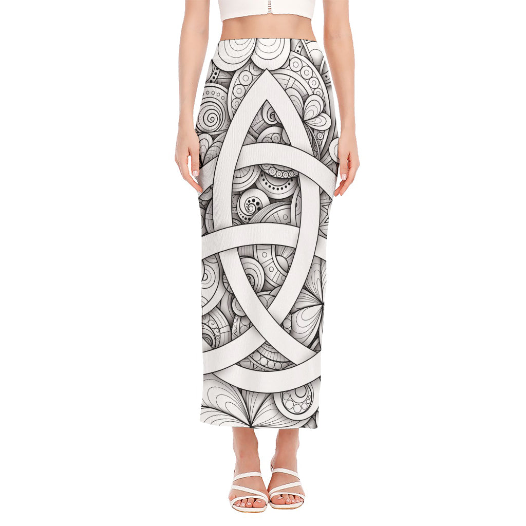 White Celtic Trinity Knot Symbol Print Side Slit Maxi Skirt