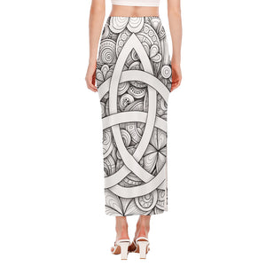 White Celtic Trinity Knot Symbol Print Side Slit Maxi Skirt