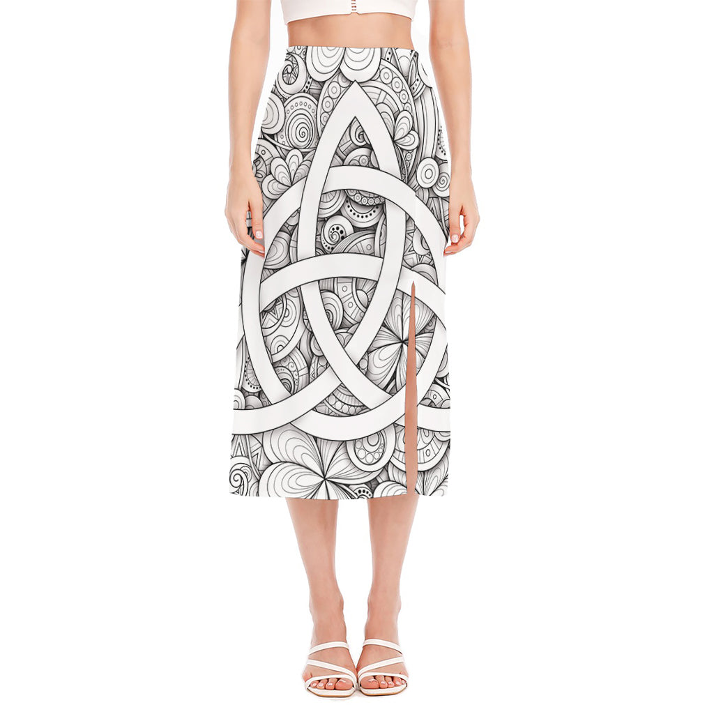 White Celtic Trinity Knot Symbol Print Side Slit Midi Skirt