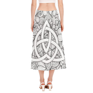 White Celtic Trinity Knot Symbol Print Side Slit Midi Skirt