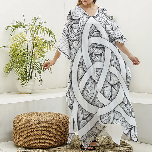 White Celtic Trinity Knot Symbol Print Silk V-Neck Kaftan Dress