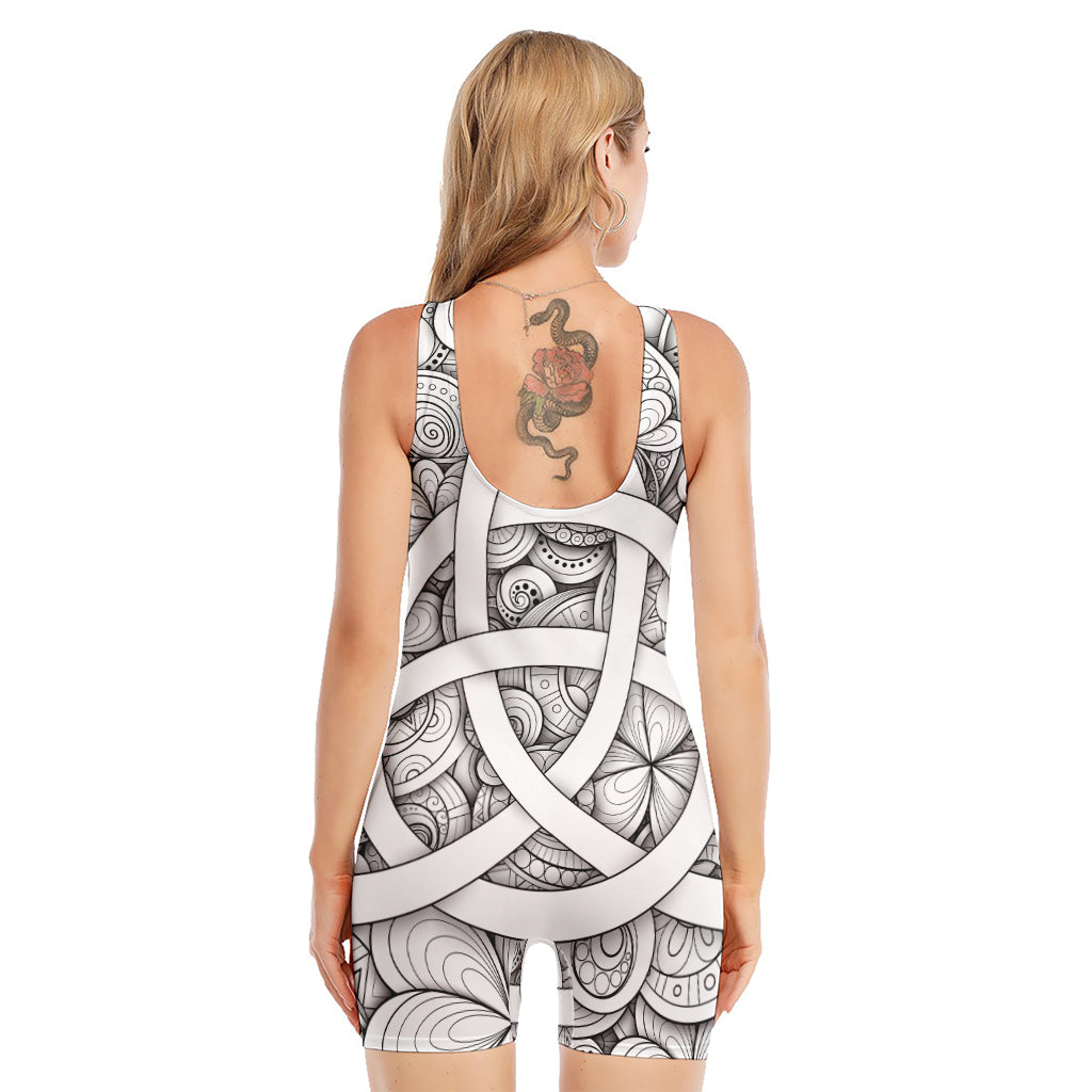 White Celtic Trinity Knot Symbol Print Sleeveless One Piece Swimsuit