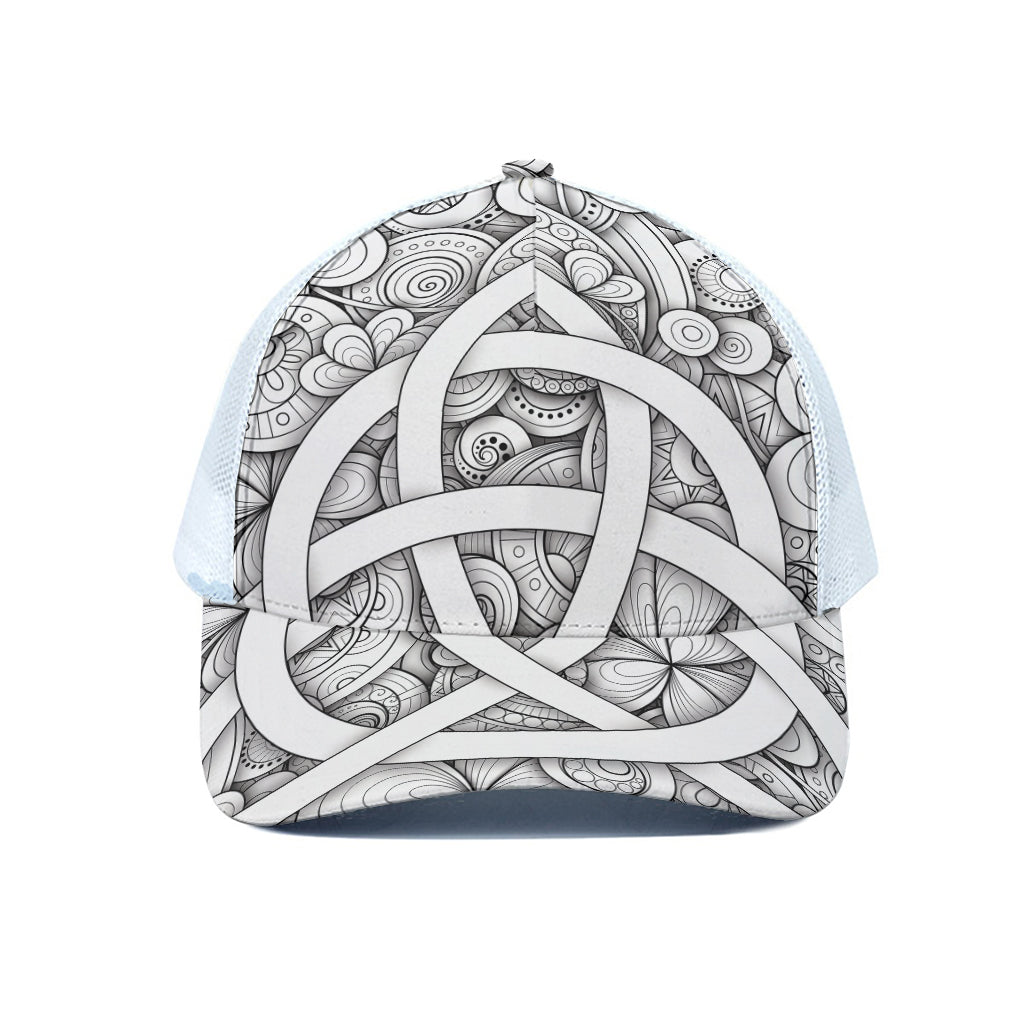 White Celtic Trinity Knot Symbol Print White Mesh Trucker Cap