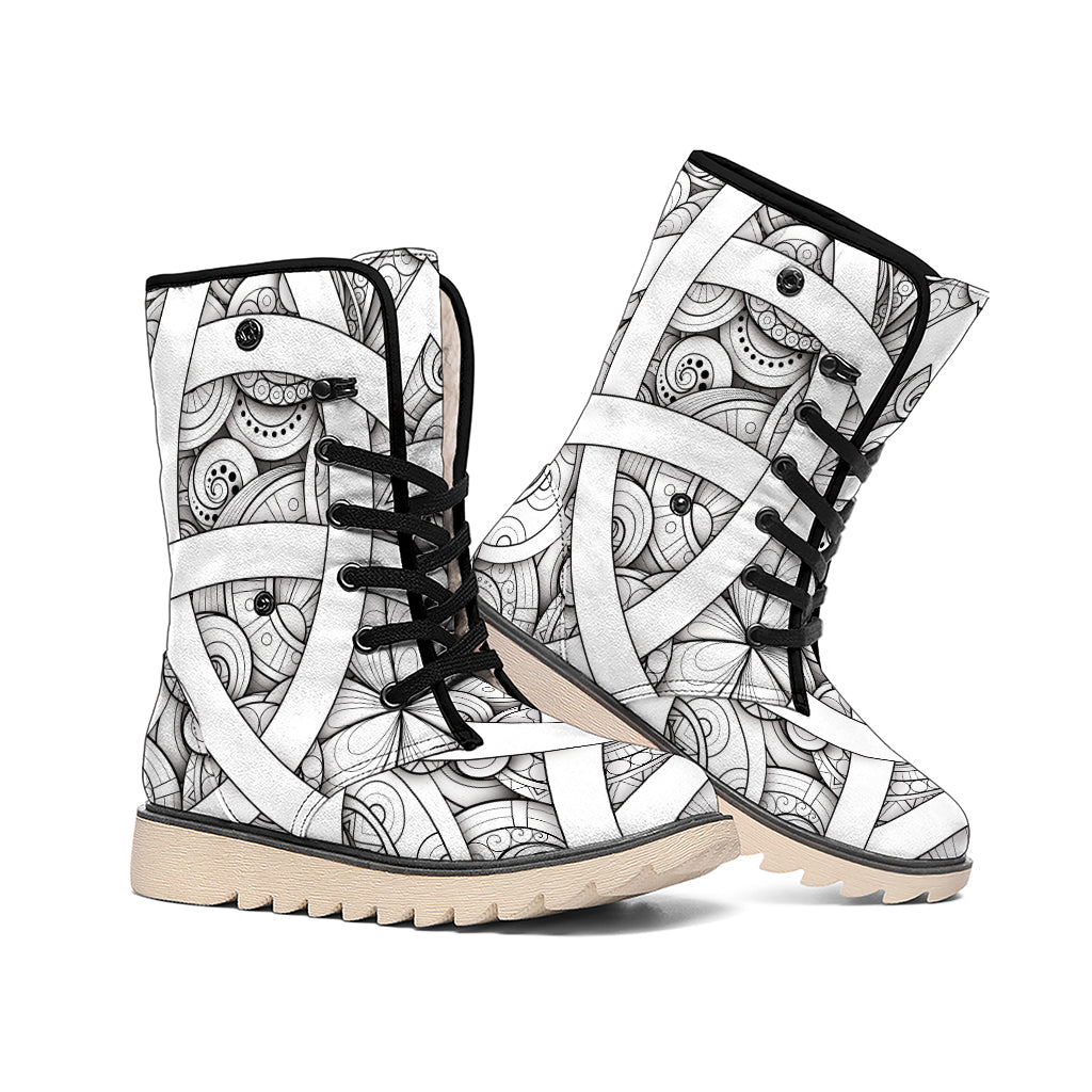 White Celtic Trinity Knot Symbol Print Winter Boots