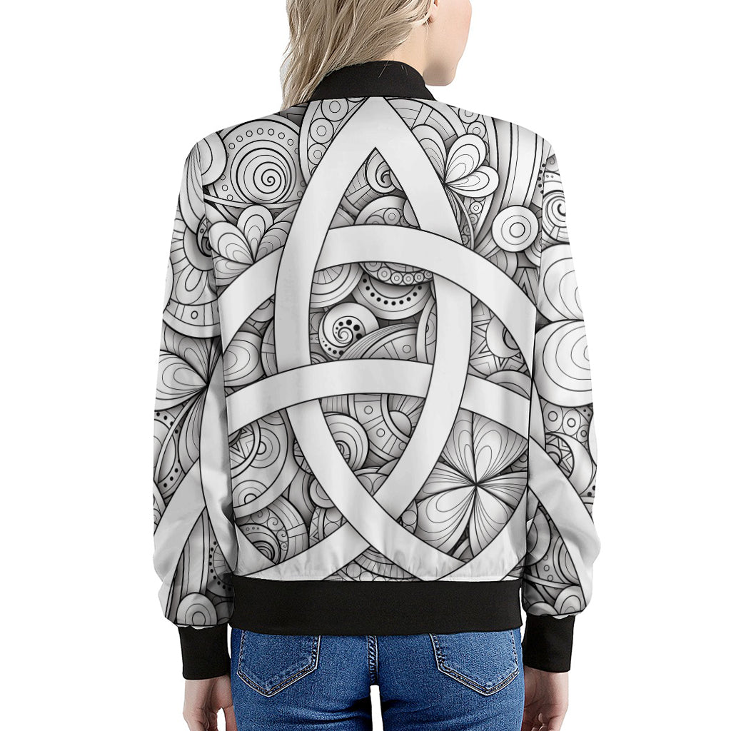 White Celtic Trinity Knot Symbol Print Women's Bomber Jacket