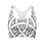 White Celtic Trinity Knot Symbol Print Women's Sports Bra