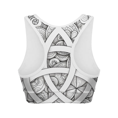 White Celtic Trinity Knot Symbol Print Women's Sports Bra