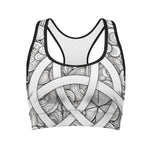 White Celtic Trinity Knot Symbol Print Women's Sports Bra
