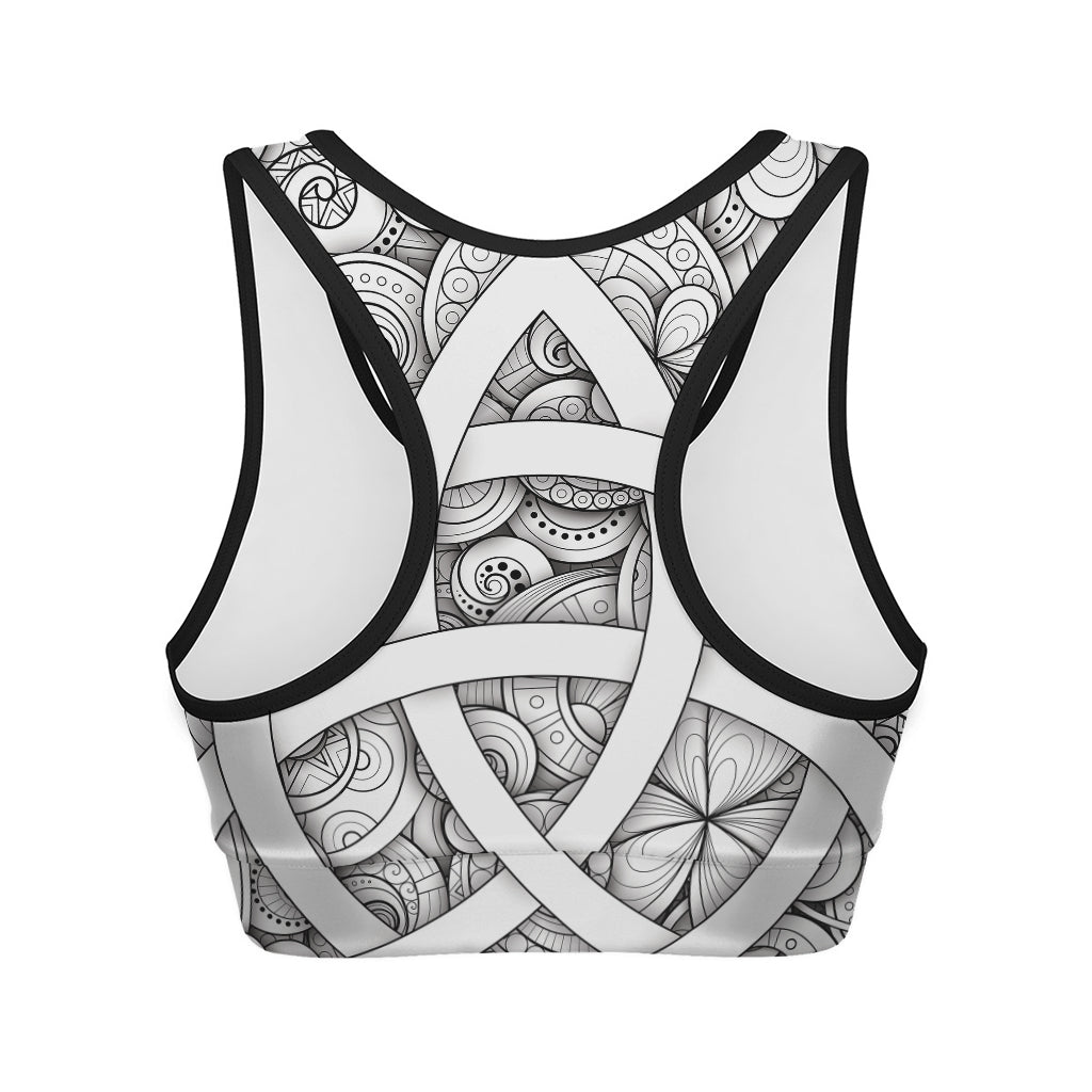 White Celtic Trinity Knot Symbol Print Women's Sports Bra