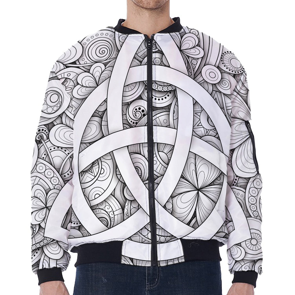 White Celtic Trinity Knot Symbol Print Zip Sleeve Bomber Jacket