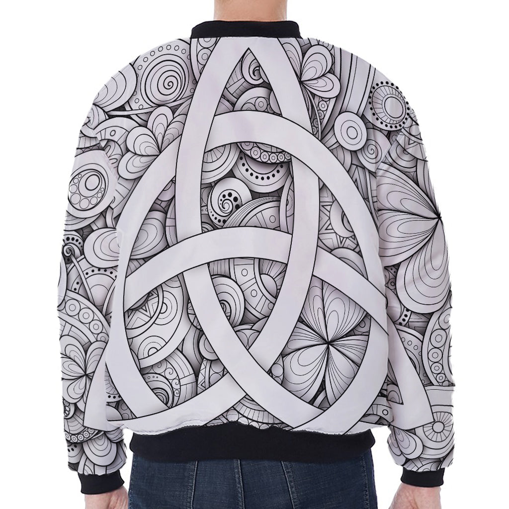 White Celtic Trinity Knot Symbol Print Zip Sleeve Bomber Jacket