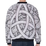 White Celtic Trinity Knot Symbol Print Zip Sleeve Bomber Jacket