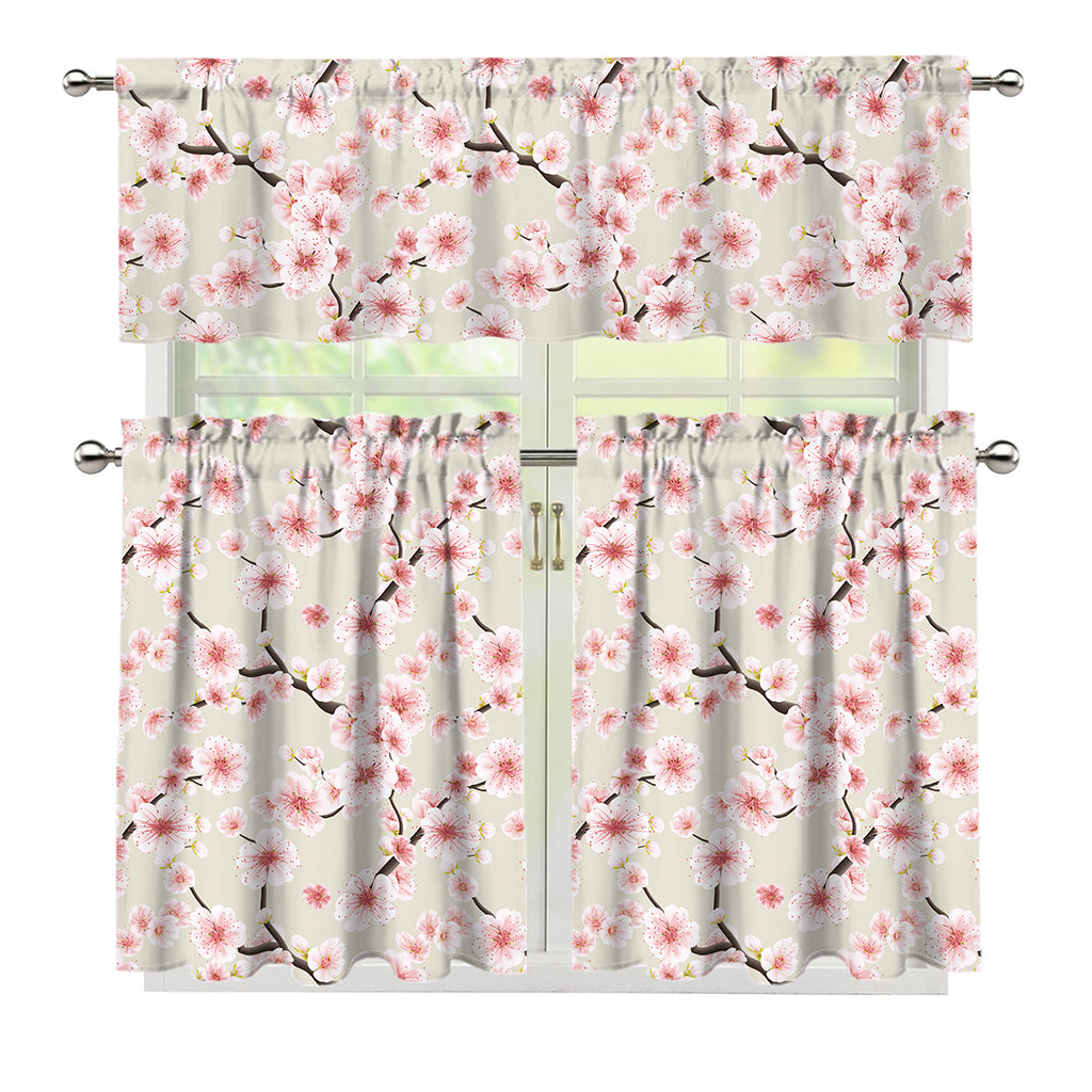White Cherry Blossom Pattern Print 3 Piece Kitchen Curtains