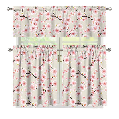 White Cherry Blossom Pattern Print 3 Piece Kitchen Curtains