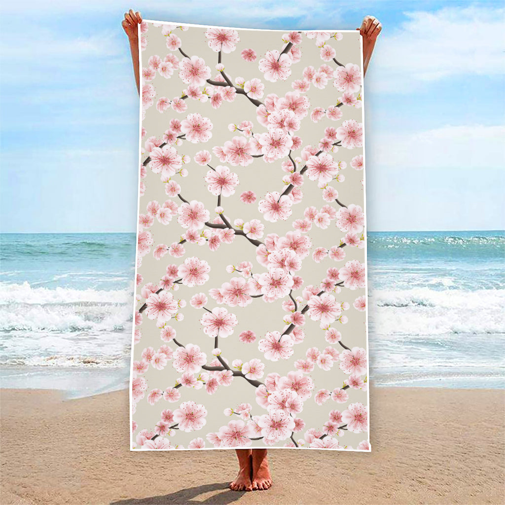 White Cherry Blossom Pattern Print Beach Towel