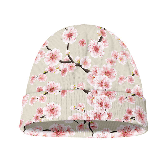 White Cherry Blossom Pattern Print Beanie
