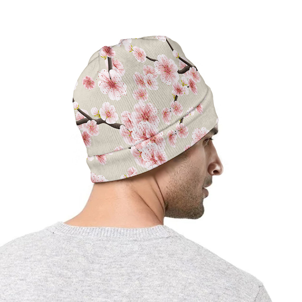 White Cherry Blossom Pattern Print Beanie
