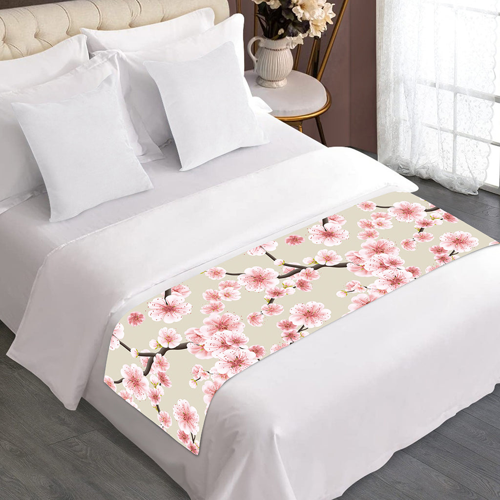 White Cherry Blossom Pattern Print Bed Runner