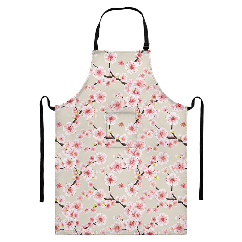 White Cherry Blossom Pattern Print Bib Apron With Pocket