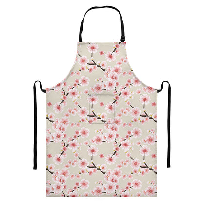 White Cherry Blossom Pattern Print Bib Apron With Pocket