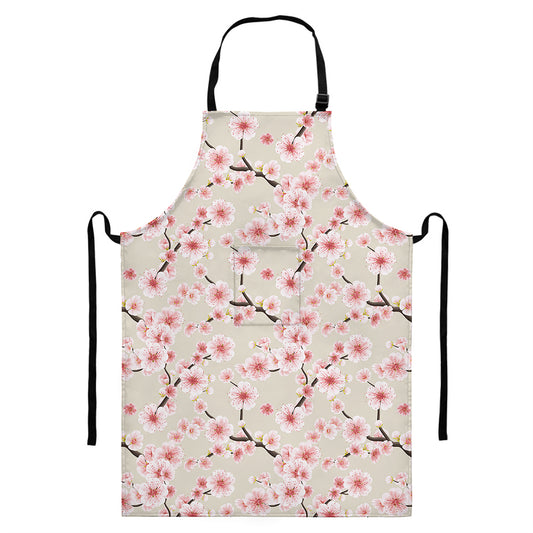 White Cherry Blossom Pattern Print Bib Apron With Pocket