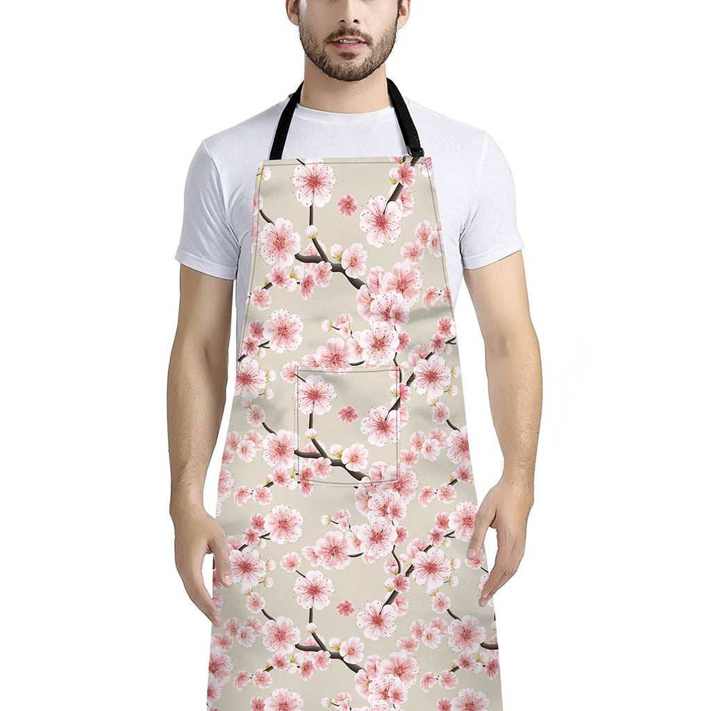 White Cherry Blossom Pattern Print Bib Apron With Pocket